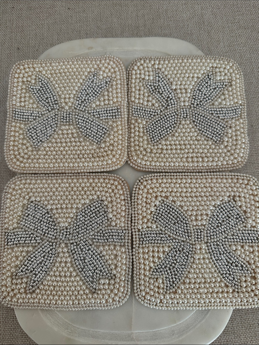 BuDhaGirl Embellished Pearl Bow Coasters - Ivory and Silver Set of 4